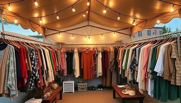 An outdoor pop-up thrift store setup with racks of vintage clothing, sustainable accessories, and repurposed home goods under a canopy adorned with fairy lights, showcasing a trendy and eco-friendly shopping experience.