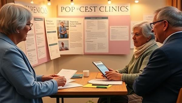 A cozy and informative pop-up clinic setup featuring retirement planning brochures, pension calculators, and a retirement advisor engaging with a couple discussing their retirement goals, creating a warm and educational environment focused on financial security in old age.