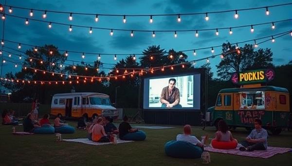 An outdoor setup at dusk with string lights hanging above, a large movie screen displaying a classic film, people lounging on bean bags and blankets, and a food truck serving popcorn and snacks, creating a cozy and festive atmosphere.