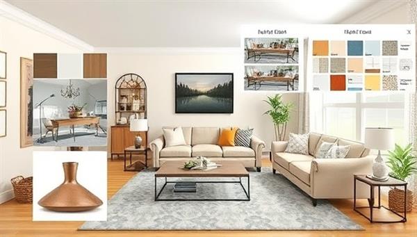 A digital illustration of a cozy living room with virtual design elements overlaying the space, including furniture suggestions, color palettes, and decor accents, illustrating the transformative power of virtual design consultations.