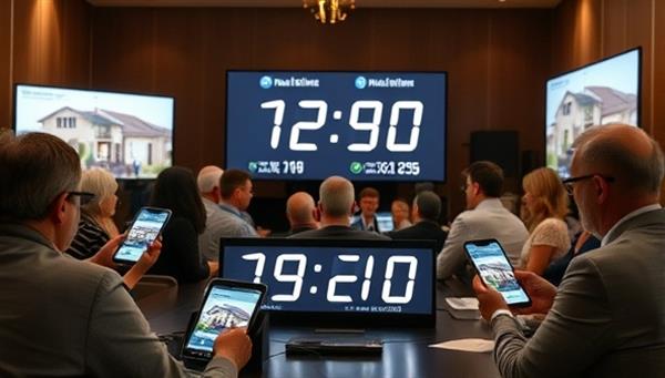 An online real estate auction in progress, with multiple bidders participating virtually on their devices, while a digital timer counts down, creating a sense of urgency and excitement in the bidding process.