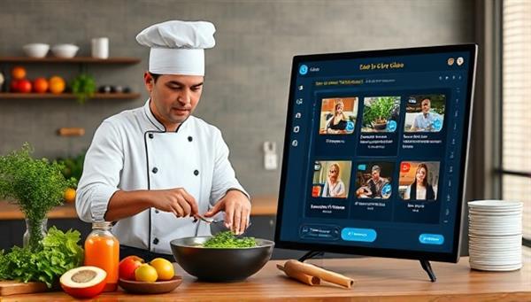 An engaging visual representation showing a professional chef conducting a live cooking class online, with ingredients neatly arranged, cooking utensils in hand, and a digital interface displaying step-by-step instructions, inviting viewers to join the culinary experience.