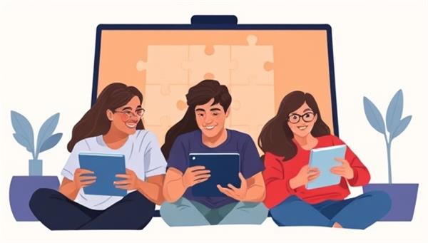 A digital illustration showcasing a group of friends on a video call, each immersed in solving a virtual escape room puzzle on their devices, creating a dynamic and engaging virtual teamwork atmosphere.