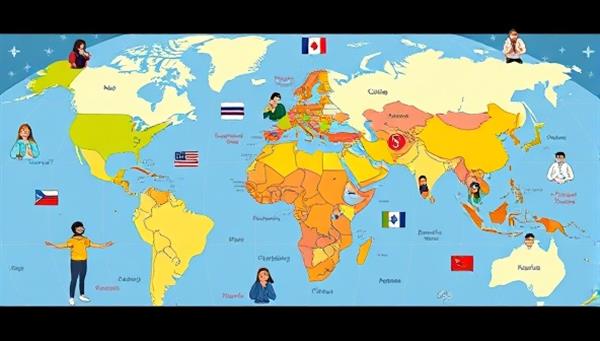 An interactive virtual map highlighting different countries and cultures, with avatars representing users from diverse backgrounds engaging in language exchanges, cultural activities, and virtual tours, showcasing the platform