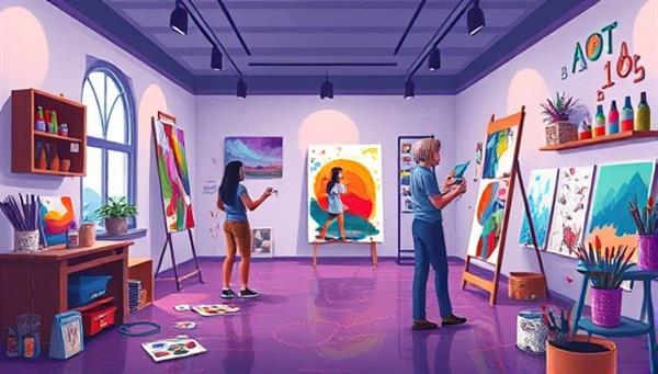An artistic digital illustration of a virtual art studio filled with colorful art supplies, soothing ambiance, and participants engaging in expressive art-making activities, symbolizing a journey of healing and self-discovery through creativity.