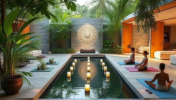 A serene wellness retreat setting showcasing lush greenery, calming water features, zen meditation spaces, and beauty treatment rooms with soft lighting and soothing décor, guests enjoying yoga sessions, spa treatments, and mindfulness activities, exuding a peaceful and rejuvenating atmosphere of holistic well-being and beauty indulgence.