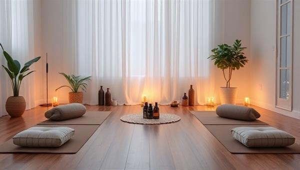 A serene and tranquil image featuring a virtual wellness retreat setup with yoga mats, meditation cushions, calming essential oils, and soothing lighting, creating a peaceful and immersive environment for subscribers to experience holistic self-care online.
