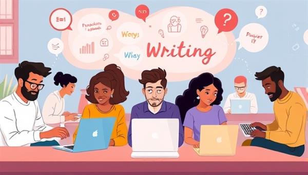 An animated scene of diverse characters typing on laptops and brainstorming creative ideas together in a virtual writing challenge, showcasing the collaborative and competitive spirit of WordWarriors