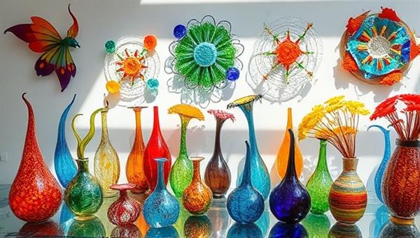 An artistic display of recycled glass art decor pieces, including colorful glass sculptures, vases, and wall hangings, illuminated by natural light to showcase the brilliance and eco-friendliness of the creations.