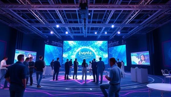 An artistic rendering of a virtual event space with digital avatars interacting, showcasing the innovative and engaging nature of virtual events facilitated by EventEase.