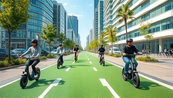 A vibrant cityscape with people riding electric scooters along green bike lanes, showcasing a futuristic and eco-friendly urban transportation scene.
