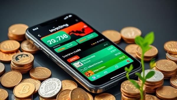 A sleek smartphone with a colorful investing app interface displaying real-time stock prices and investment options, surrounded by coins and plant sprouts symbolizing growth and financial literacy.