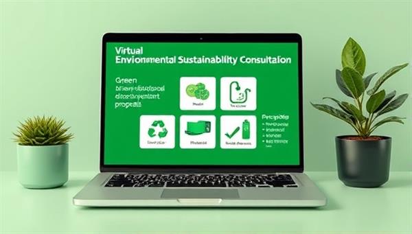 A virtual environmental sustainability consultation setup with a laptop displaying green initiatives proposals, eco-friendly product samples, recycling guides, and plant-based materials, symbolizing a commitment to a sustainable future and planet-friendly practices.