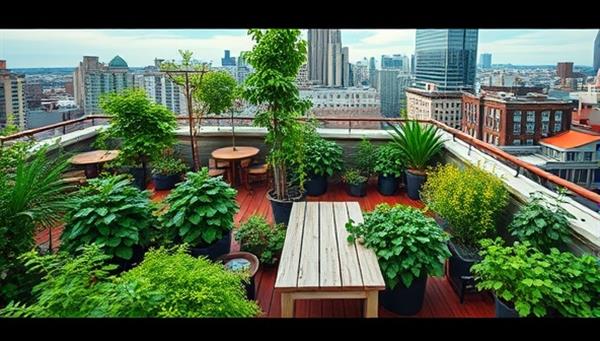 An image of a lush and vibrant urban rooftop garden filled with plants, herbs, and seating areas, overlooking the city skyline, creating a serene oasis in the midst of urban density and promoting sustainable living in the community.