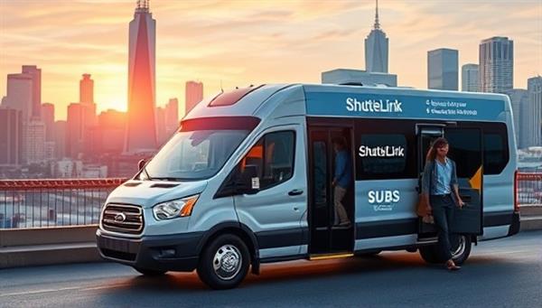 A dynamic visual showcasing a modern shuttle vehicle with the ShuttleLink Subs logo, picking up passengers in front of a bustling cityscape, illustrating the convenience and accessibility of the subscription-based shuttle service.