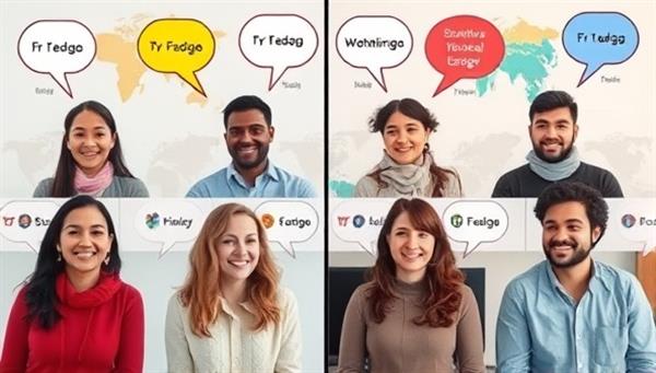 A split-screen image showing a diverse group of individuals engaging in virtual language exchange sessions, with speech bubbles in multiple languages and cultural symbols in the background, representing a global learning experience.