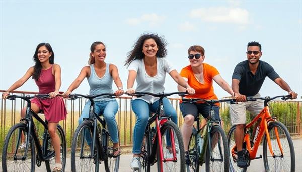 An image of a diverse group of subscribers enjoying a bike ride together, each using a different bike model from PedalPlus Membership, highlighting the variety and inclusivity of the subscription service for cyclists of all preferences and levels.