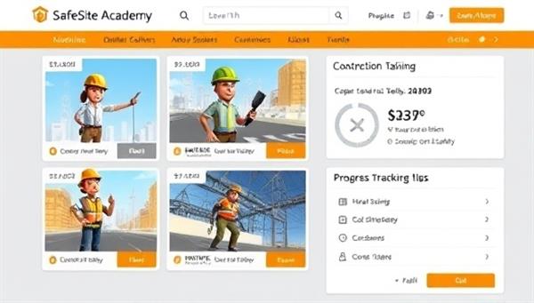 An online training interface featuring construction safety modules with animated characters demonstrating safety procedures, virtual simulations of hazardous scenarios, and progress tracking tools, emphasizing the interactive and engaging learning experience provided by SafeSite Academy.