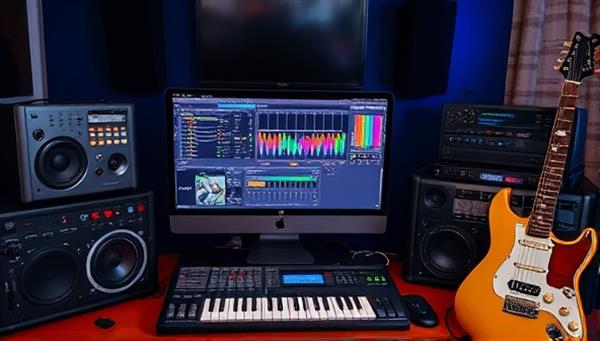 An online music production studio setup with a computer screen displaying music software interfaces, MIDI controllers, audio equipment, and musical instruments, creating an inspiring and immersive environment for music production education.