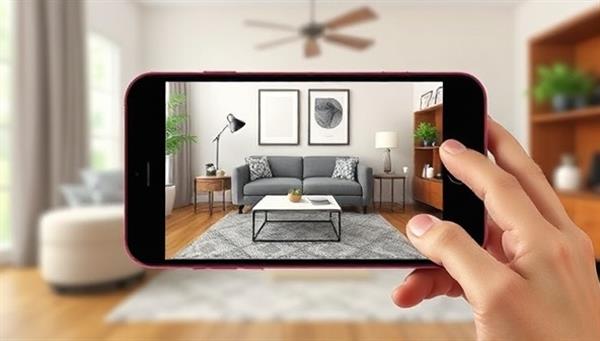 An AR-enabled smartphone displaying a virtual furniture piece overlaid in a real living room setting, demonstrating the seamless integration of ARtistic View