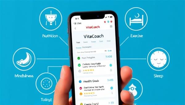 A smartphone displaying the VitaCoach app interface with personalized health goals, progress trackers, and motivational messages, surrounded by icons representing nutrition, exercise, mindfulness, and sleep, illustrating a comprehensive digital health coaching experience.