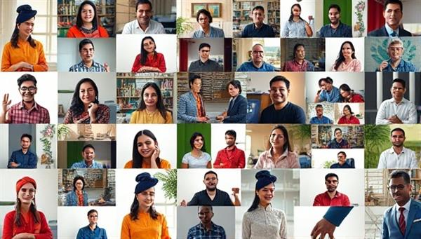 A vibrant digital mosaic showcasing diverse individuals exchanging skills and knowledge in a virtual setting, symbolizing the dynamic and collaborative nature of SkillSwapHub.