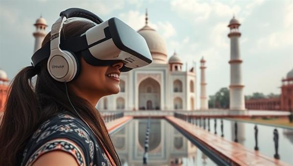 A user wearing a virtual reality headset, exploring a breathtaking digital replica of the Taj Mahal in India, surrounded by detailed architectural features and immersive cultural elements, capturing the essence of the virtual travel experience with WanderlustVR.