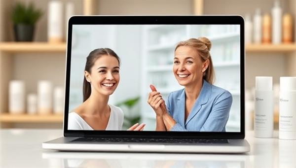 A laptop screen displaying a virtual skincare consultation with a smiling client receiving advice from a skincare expert, with shelves of skincare products in the background, conveying a personalized and professional service.