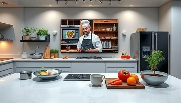 A professional kitchen setup with digital cooking stations, utensils, and ingredients displayed on a sleek countertop, with a digital chef instructor demonstrating cooking techniques on a large screen, creating an immersive and educational culinary experience for online participants.
