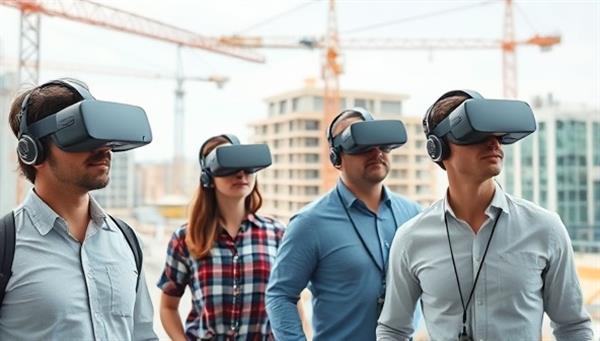 A group of architects wearing VR headsets, exploring a virtual construction site with realistic building models and interactive design elements, illustrating the immersive and innovative nature of VR simulations in construction.