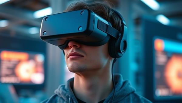 An image of a person wearing a VR headset, fully immersed in a virtual reality advertisement showcasing a product in a futuristic and engaging environment, illustrating the cutting-edge nature of VRamp Up Ads.