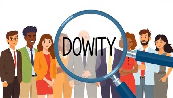 An illustration showcasing a diverse group of professionals from various ethnicities and backgrounds standing together, symbolizing unity and inclusivity in the workplace, with a magnifying glass highlighting the word "InclusiMatch" in the center.