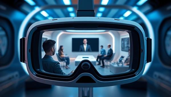 An immersive VR headset displaying a virtual interview room with a candidate and interviewer interacting in a futuristic setting, emphasizing the innovative and cutting-edge nature of the platform.