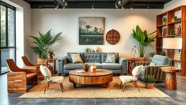 An artistic display of upcycled furniture and decor pieces made from agricultural waste, arranged in a stylish and eco-friendly living room setting, showcasing the beauty and sustainability of agro-waste upcycling products.