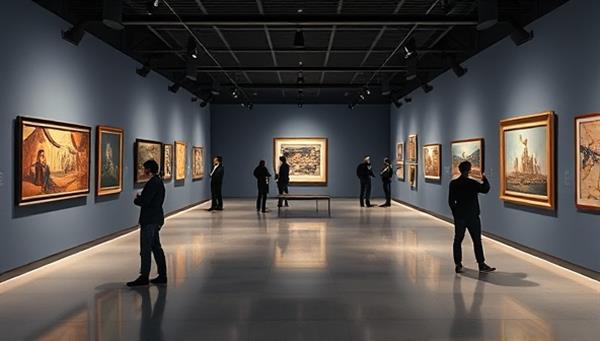 An immersive art exhibition tour environment with virtual gallery spaces, art pieces displayed in high resolution, and avatars of users exploring and interacting with the artwork, creating a sophisticated and visually captivating art experience.