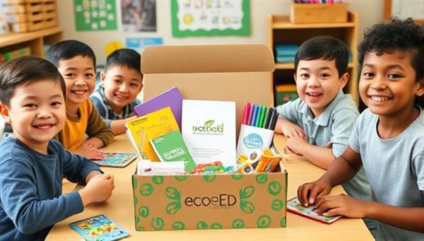 A colorful and eco-friendly school supply subscription box filled with reusable notebooks, plant-based pens, recycled paper, and educational games, surrounded by happy students and teachers using the supplies in a classroom setting, promoting sustainability and creativity through EcoEd Essentials.