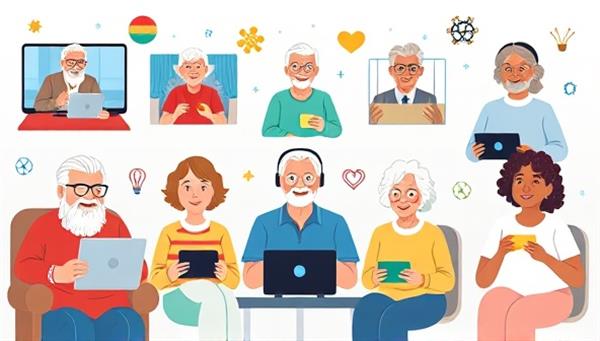 An inclusive digital illustration featuring diverse elderly individuals engaging in virtual social activities like group video calls, online games, and fitness classes, surrounded by cheerful colors and symbols of connectivity to convey a sense of community and positivity.