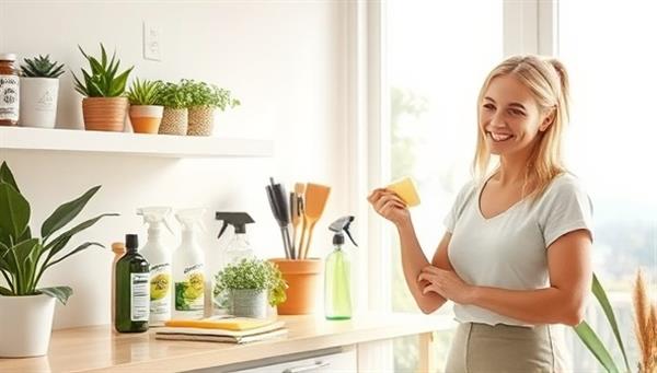 A sparkling clean and eco-friendly home interior, with natural cleaning products displayed neatly on a shelf, environmentally friendly cleaning tools in use, and a satisfied homeowner enjoying the fresh and chemical-free ambiance, promoting a healthy and sustainable cleaning solution.