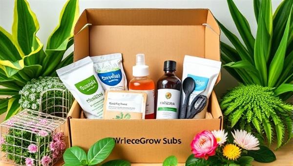 A beautifully designed subscription box filled with eco-friendly fertilizers, plant care products, and gardening tools, surrounded by lush green plants and blooming flowers, evoking a sense of sustainable gardening and plant care joy associated with EcoGrow Subs.