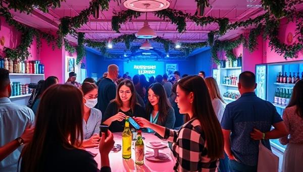 An immersive experiential marketing event featuring influencers interacting with products in a themed environment, surrounded by engaged attendees capturing moments on social media, highlighting the blend of real-world experiences and digital influence.