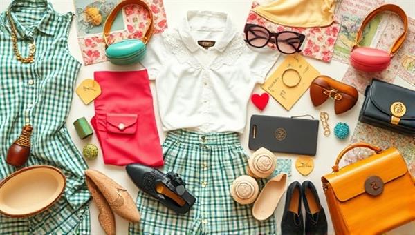 An artistic collage of vintage fashion pieces and accessories arranged in a visually appealing flat lay composition, showcasing retro patterns, textures, and colors, evoking a sense of nostalgia and style inspiration for vintage fashion enthusiasts.