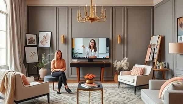 An elegant virtual design studio setup featuring a designer conducting a video consultation with a client, surrounded by mood boards, fabric swatches, and design samples, exuding creativity and sophistication in a digital environment.