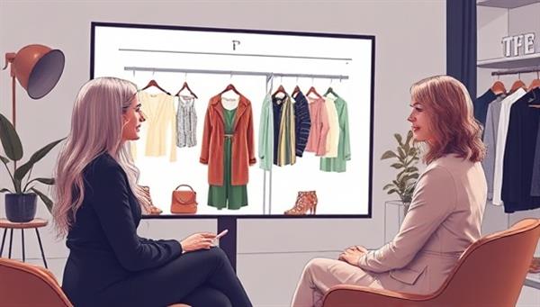 An artistic representation of a virtual styling consultation, featuring a stylist showcasing clothing options on a digital wardrobe screen, discussing outfit combinations with a subscriber in a stylish and interactive virtual setting, conveying fashion expertise and personalization.