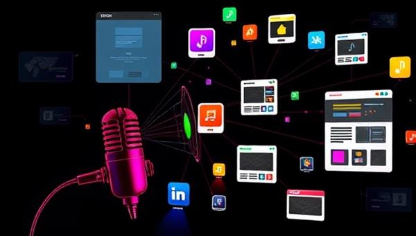 An engaging visualization of a person speaking to a microphone, with colorful design elements and website layouts forming in response to the voice commands, illustrating the concept of voice-activated website design in a dynamic and interactive manner.