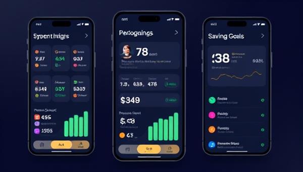 An interactive app interface displaying personalized budgeting insights, spending categories, and savings goals tailored to the user