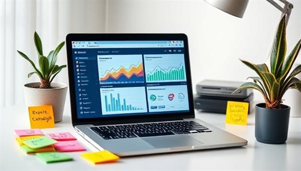 A modern home office setup with a sleek laptop showing social media analytics dashboards, surrounded by colorful post-it notes with creative campaign ideas and a plant for a touch of freshness, symbolizing productivity and creativity.