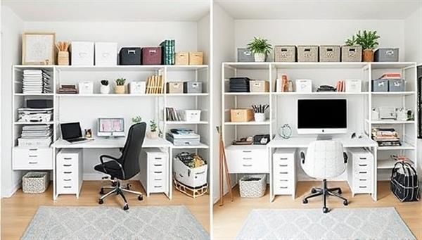 A virtual home office setup transformed from cluttered to organized, showcasing neatly arranged shelves, labeled storage bins, and a minimalist desk, creating a visually appealing and functional workspace, representing the transformation achieved through virtual home organization consultations.