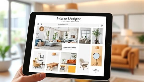 A digital mood board featuring interior design elements, color schemes, and furniture selections for a virtual design consultation, displayed on a tablet with a stylish home interior in the background, conveying creativity and design inspiration.