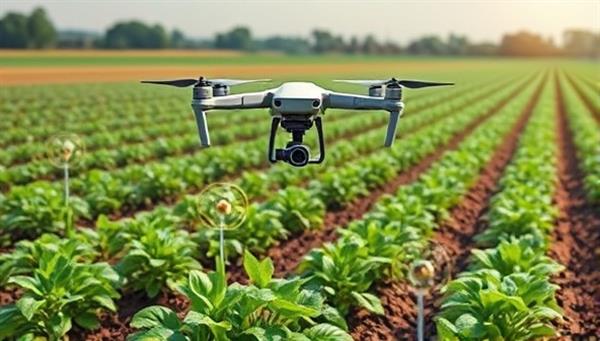 An advanced agricultural field with sensor-equipped drones and ground stations collecting data on soil quality and crop health, with visualizations of AI algorithms optimizing farming practices in real-time, demonstrating the cutting-edge technology of SoilSense AI.