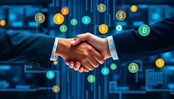 An engaging visual of two individuals shaking hands through a digital screen, symbolizing the peer-to-peer lending connection facilitated by PeerFund, with virtual currency icons floating in the background to represent secure transactions and financial empowerment.